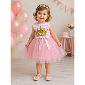 Fashion Classic Pink Striped 2nd Birthday Tutu Dress Gold Glitter Crown Size 2T